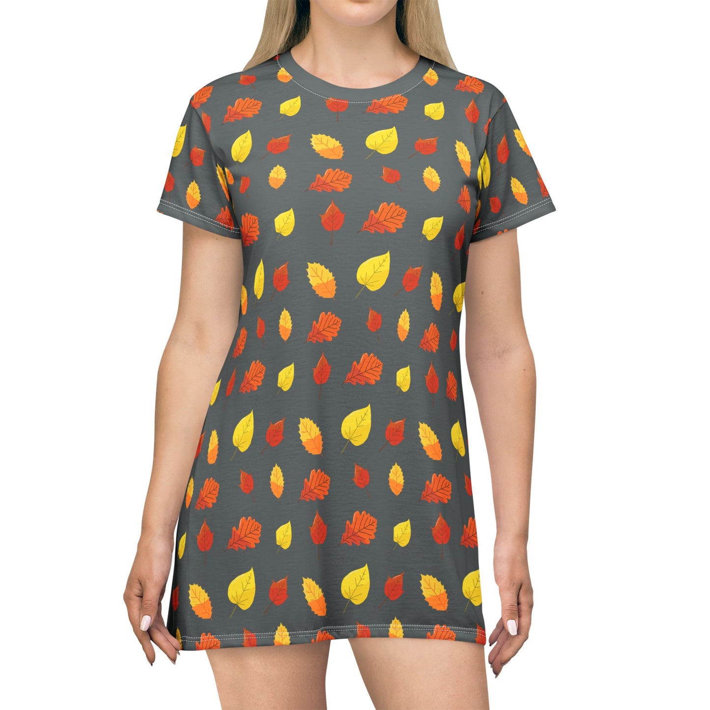 Colorful Leaf T-Shirt Dress - Vibrant Nature Pattern