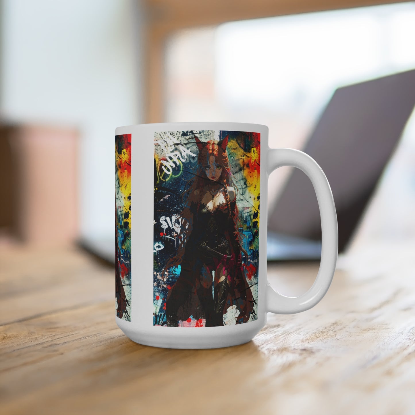 Warrior Anime Catgirl – Urban Fantasy Power on Character Mug, Unique Gift, Artful Coffee Cup, Anime Lover's Mug, Decorative Drinkware