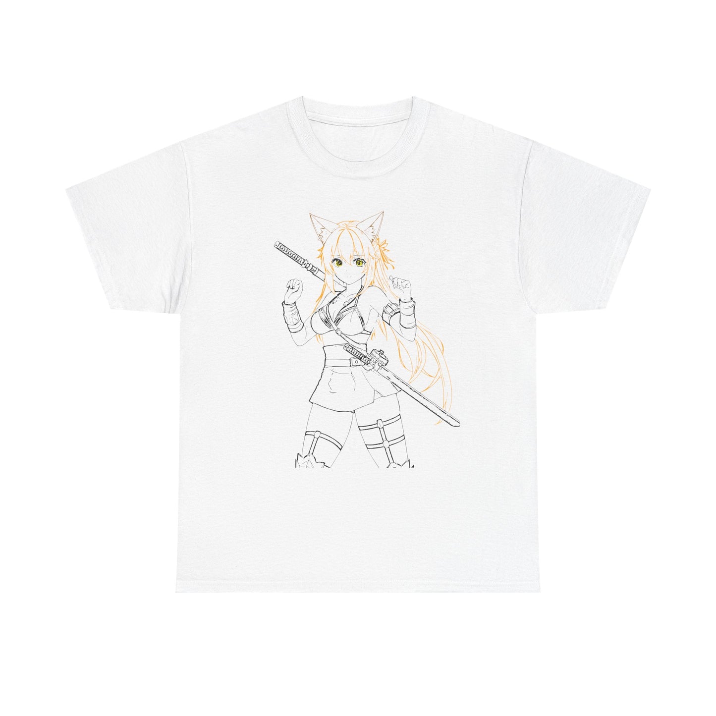 Cat-Eared Blade – Anime Warrior Power on Tees - Anime Samurai Unisex Heavy Cotton Tee, Cute Graphic T-Shirt, Comfortable Casual Wear, Gifts for Anime Lovers, Birthday Surprise