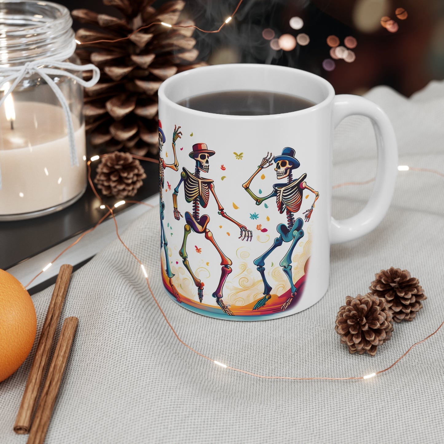 Dancing Skeletons Halloween Party - Spooky Fun Celebration Art - Festive Autumn Spirit Collection - Skeleton Dance Ceramic Coffee Cup | Fun Halloween Mug, Dia de los Muertos Gift, Unique Kitchen Decor, Quirky Drinkware, Celebration Cup
