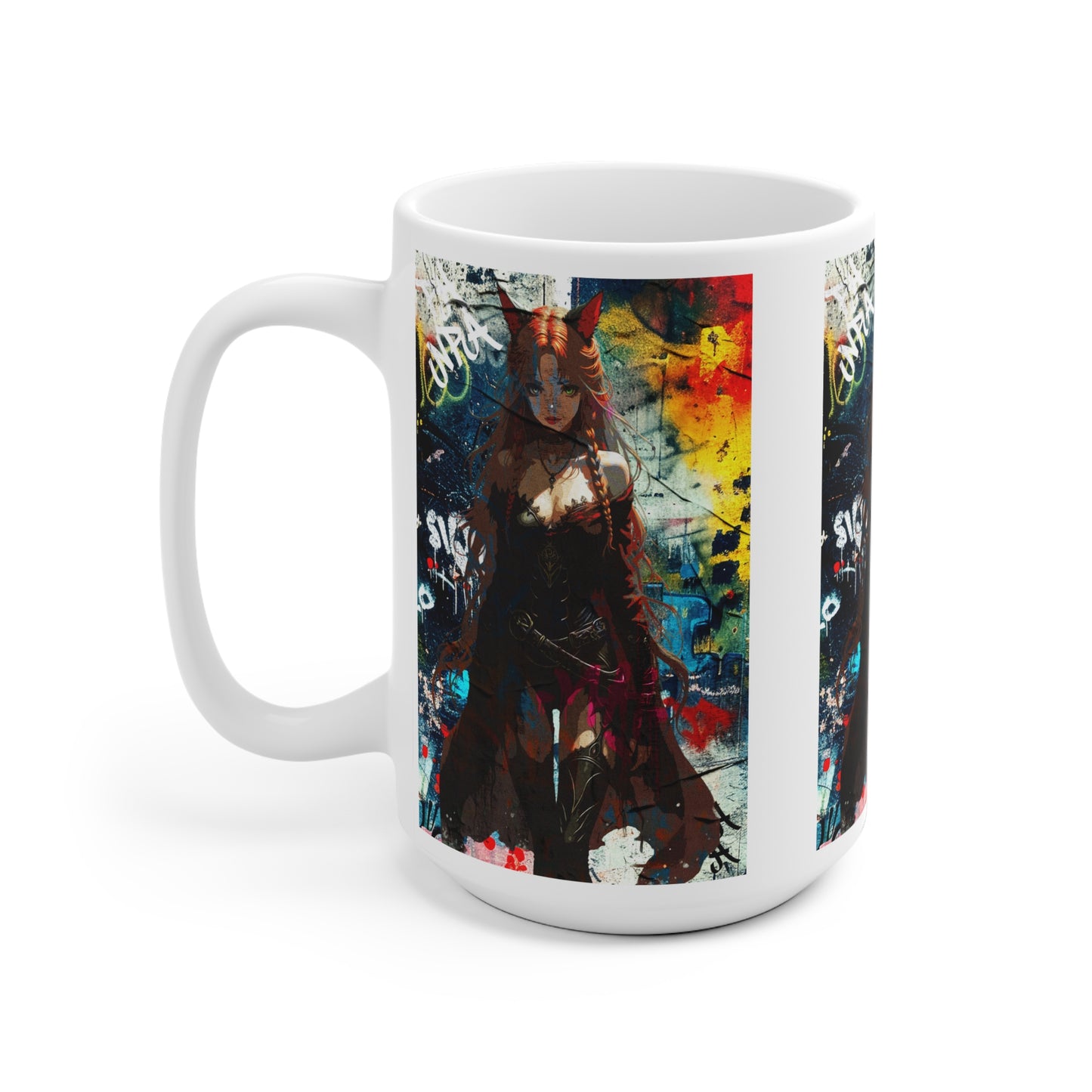 Warrior Anime Catgirl – Urban Fantasy Power on Character Mug, Unique Gift, Artful Coffee Cup, Anime Lover's Mug, Decorative Drinkware