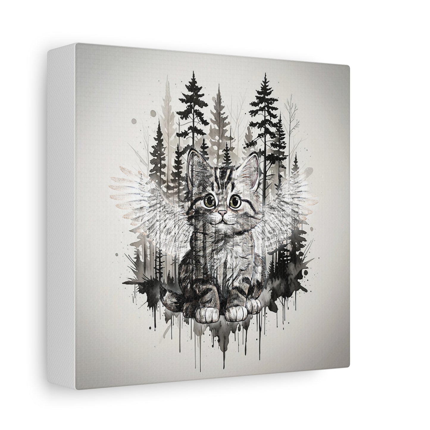 Your personal Guardian Cat Canvas Wall Art - 1.25" Stretched Matte Print with Angel Wings and Forest Theme