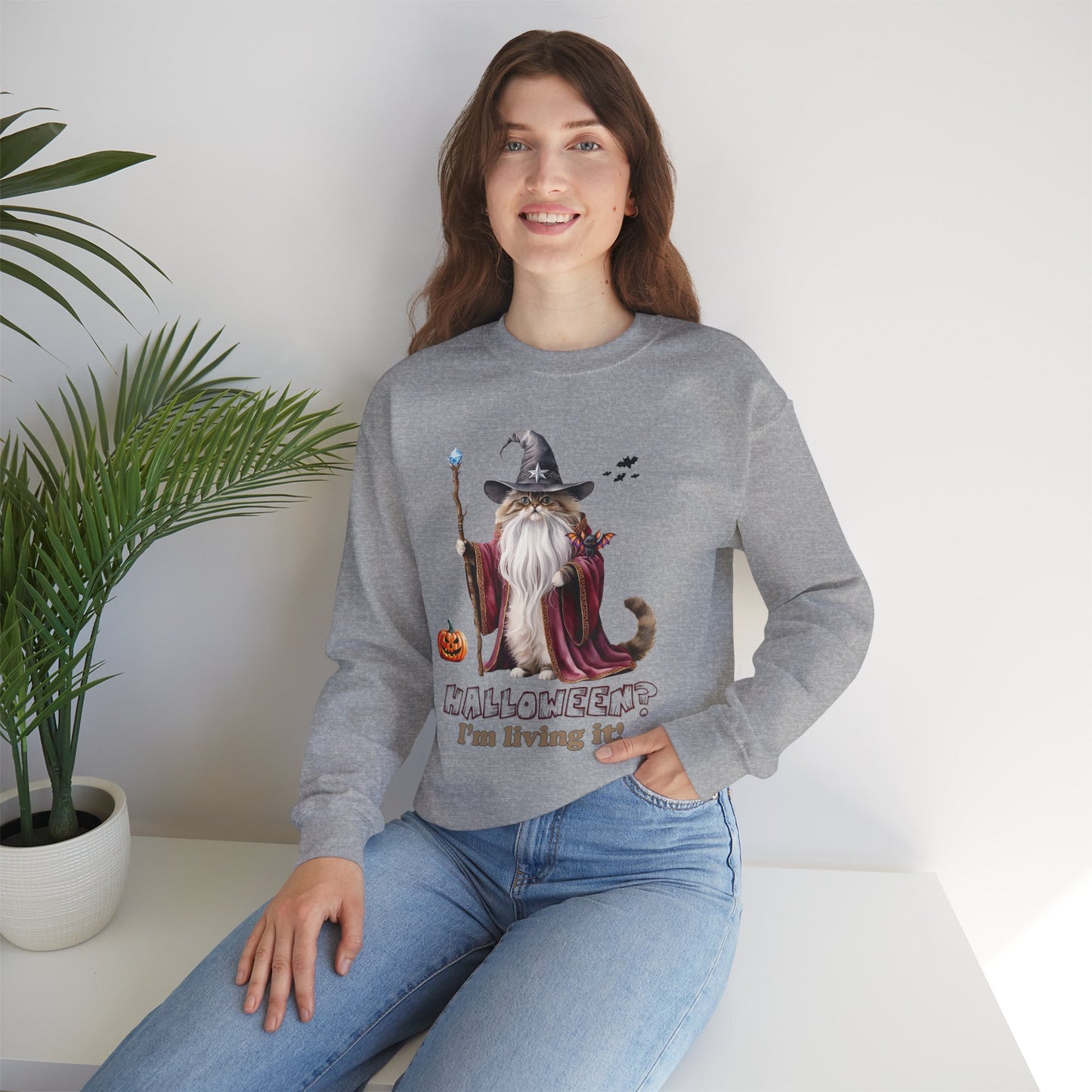 π§ Living the Spell: Wizardry, Whimsy & Halloween Cheer π - Halloween Wizard Sweatshirt, Unisex Crewneck for Fall, Cozy Gift for Cat Lovers, Spooky Season Apparel, Fun Costume Alternative