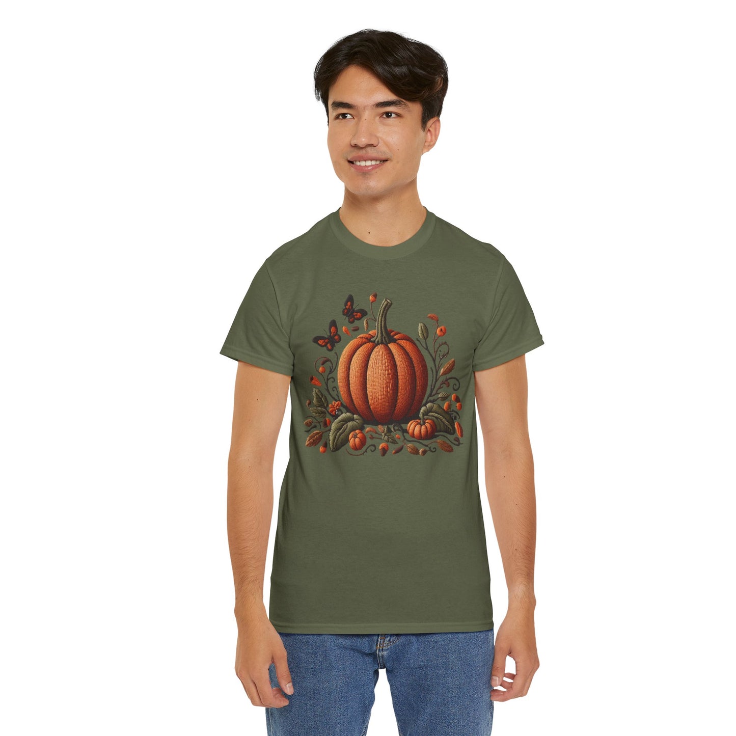 Pumpkin & Botanical Bliss โ Autumnโs Cozy Charm ๐๐ - Autumn Pumpkin Tee, Fall T-Shirt, Halloween Shirt, Thanksgiving Gift, Unisex Heavy Cotton Tee