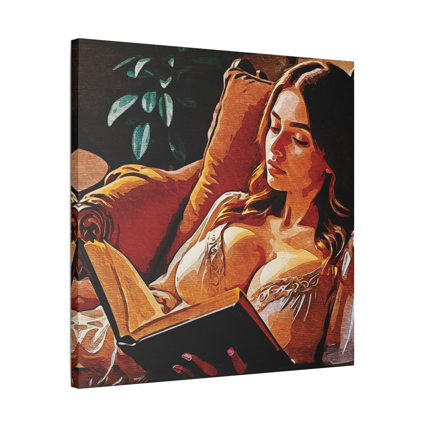 "Golden Hour Reading: Cozy Literary Escape Where Stories Come Alive in Warm Autumn Light" - Elegant Satin Canvas Artwork, Home Decor, Wall Art, Gallery Ready, Gift for Art Lovers, Cozy Vibes, Living Room Decoration
