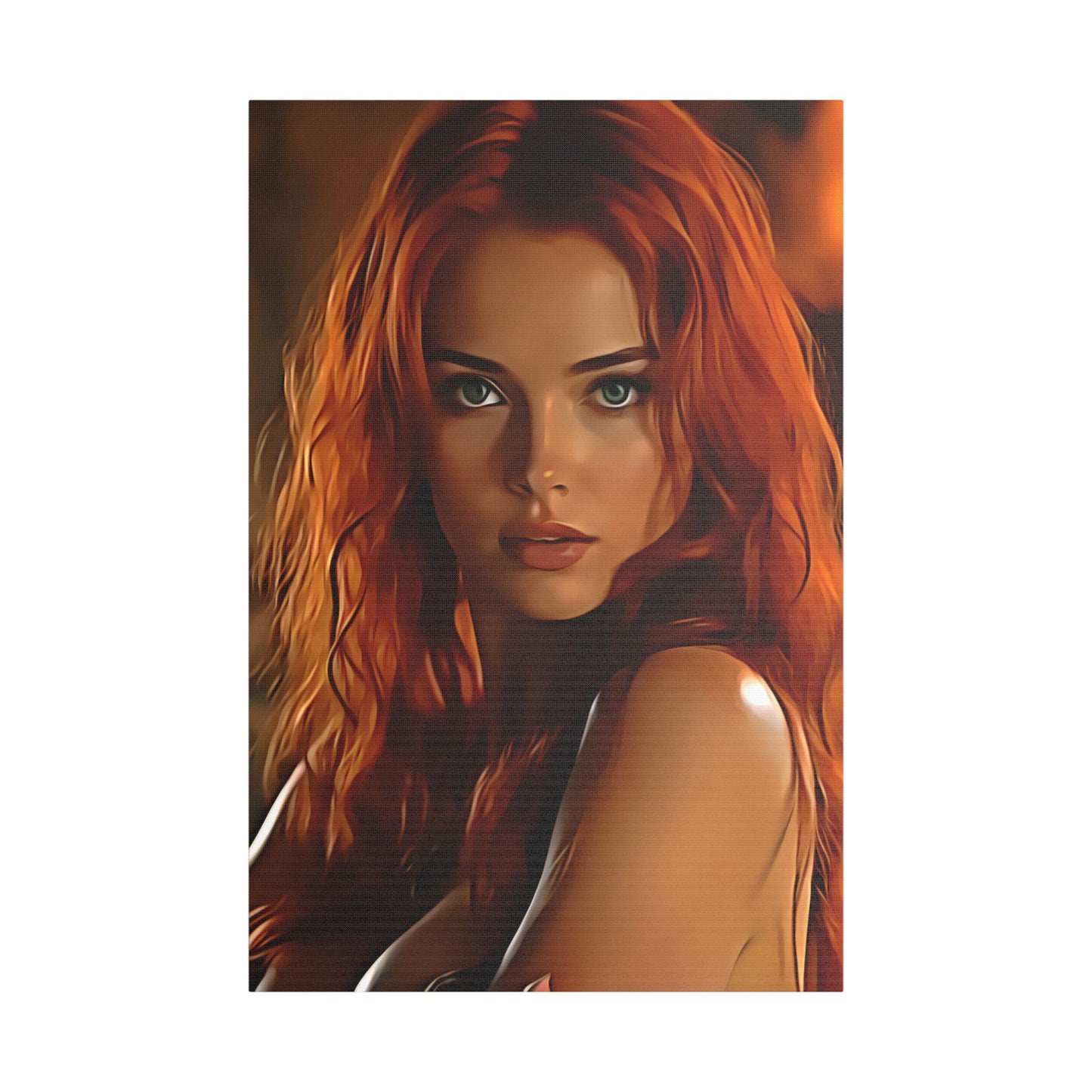 Fiery Muse: Ignite Your Passion with the Radiant Gaze of the Crimson Enchantress - Stretched Canvas Art Print, Vibrant Wall Decor, Art for Living Room, Unique Gift for Art Lovers, Home Decor