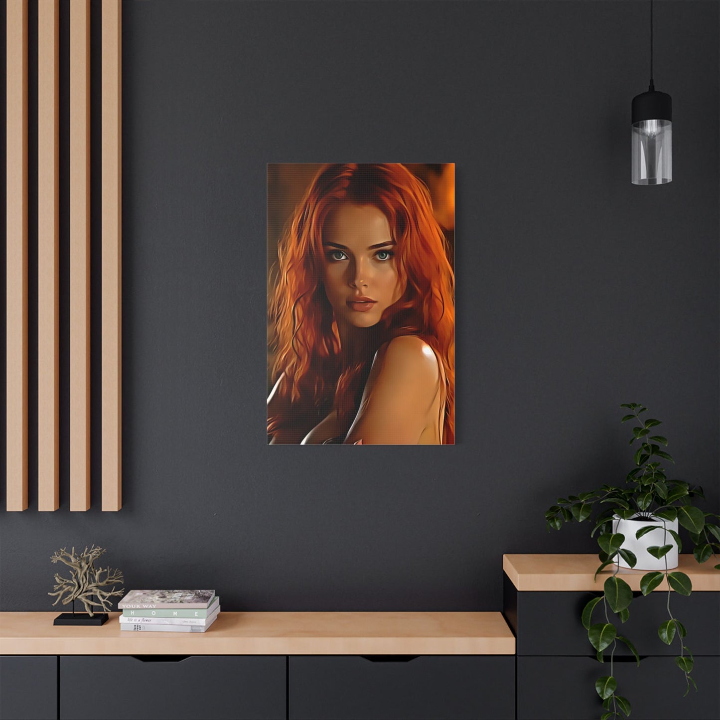 Fiery Muse: Ignite Your Passion with the Radiant Gaze of the Crimson Enchantress - Stretched Canvas Art Print, Vibrant Wall Decor, Art for Living Room, Unique Gift for Art Lovers, Home Decor