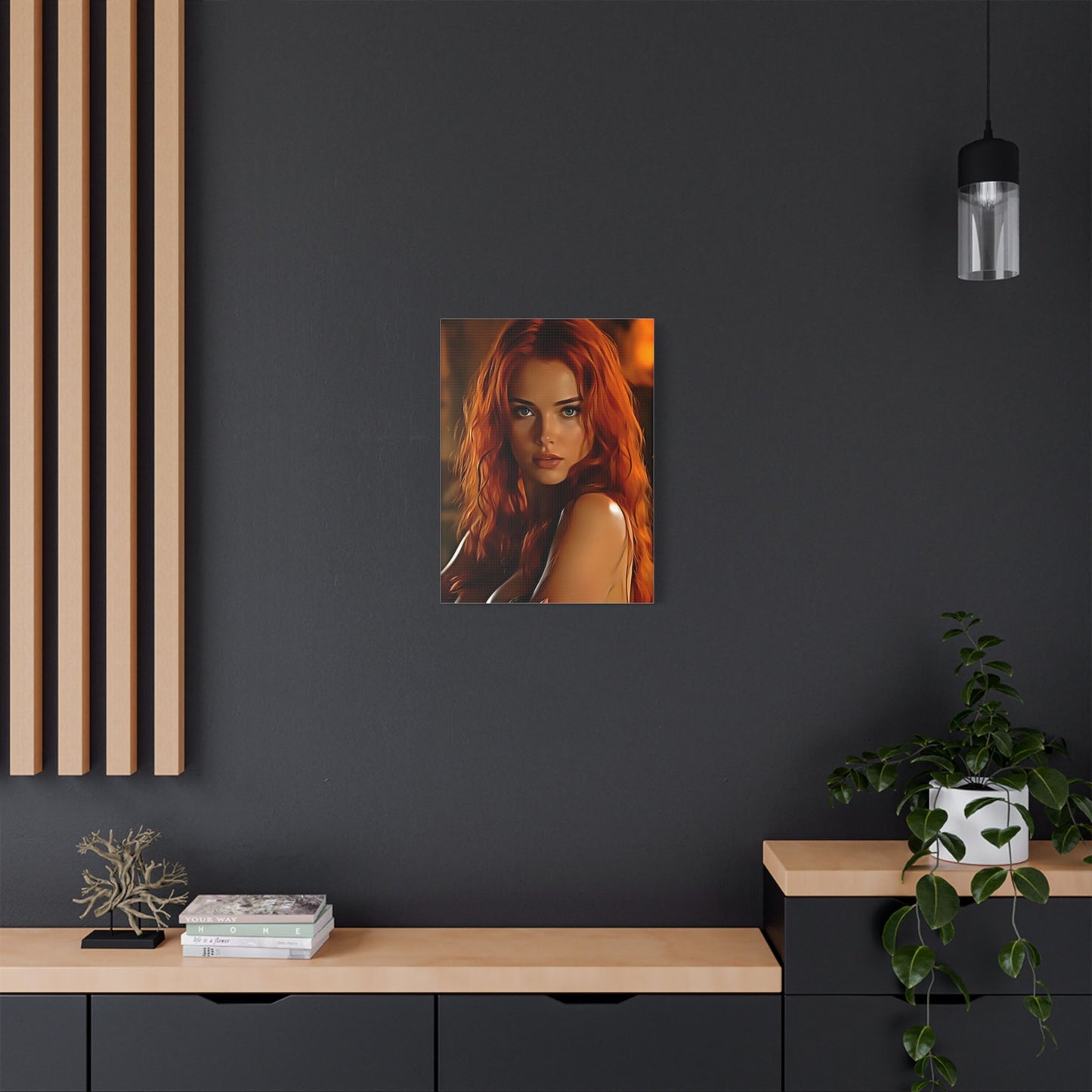Fiery Muse: Ignite Your Passion with the Radiant Gaze of the Crimson Enchantress - Stretched Canvas Art Print, Vibrant Wall Decor, Art for Living Room, Unique Gift for Art Lovers, Home Decor
