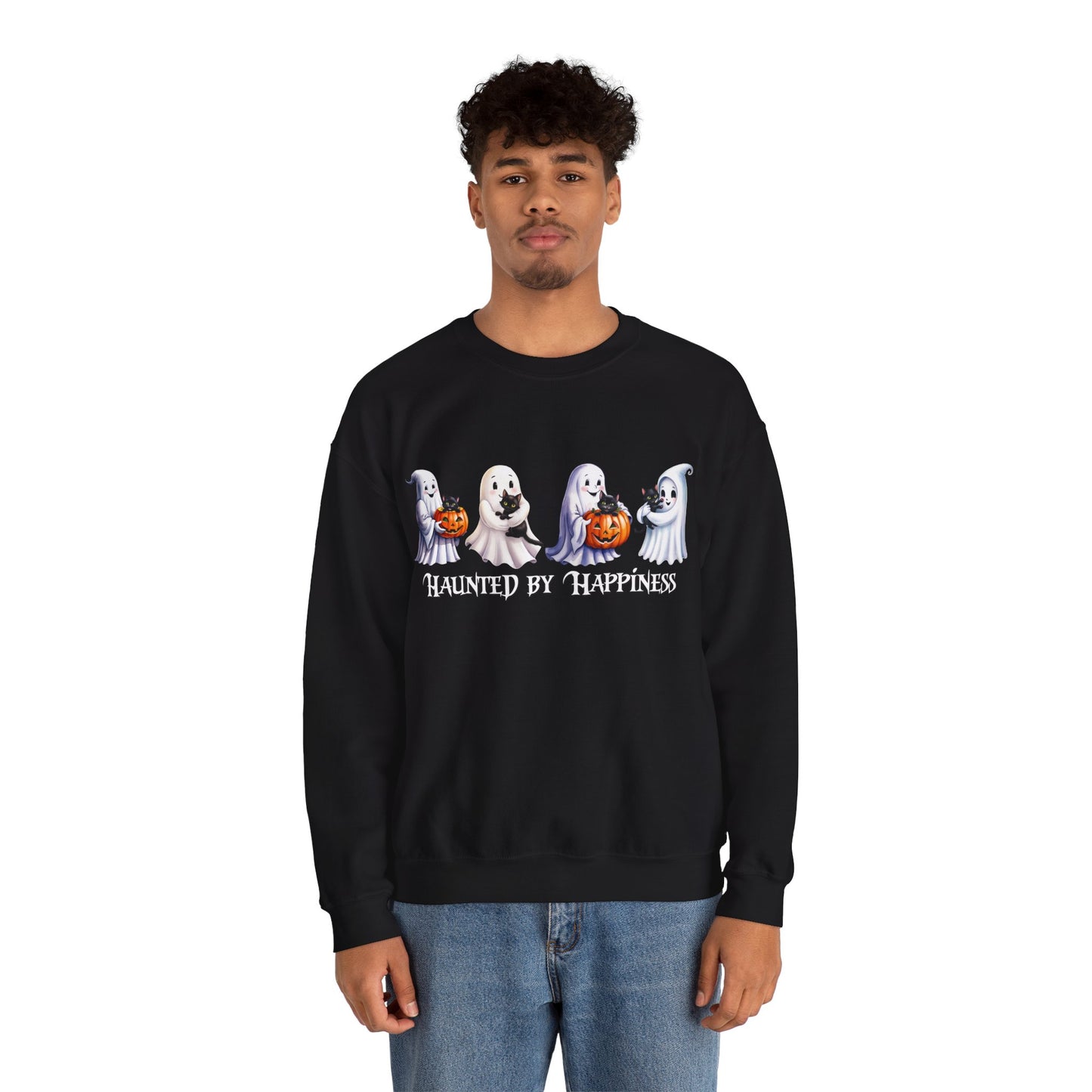 π» Haunted by Happiness: Ghosts of Joy and Candy - Halloween Ghosts Sweatshirt, Cozy Crewneck, Autumn Apparel, Spooky Season Gift, Unisex Sweatshirt for Fall Celebrations