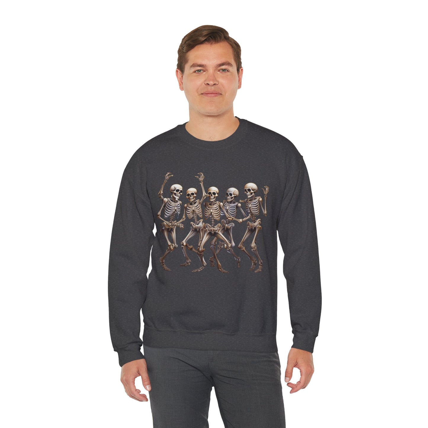 "Celebrate Life with Dancing Skeletons – Bold Apparel & Mugs that Spark Joy" - Halloween Skeleton Dance Crewneck Sweatshirt, Unisex Sweatshirt, Fall Fashion, Spooky Season Apparel, Gift for Halloween Lovers