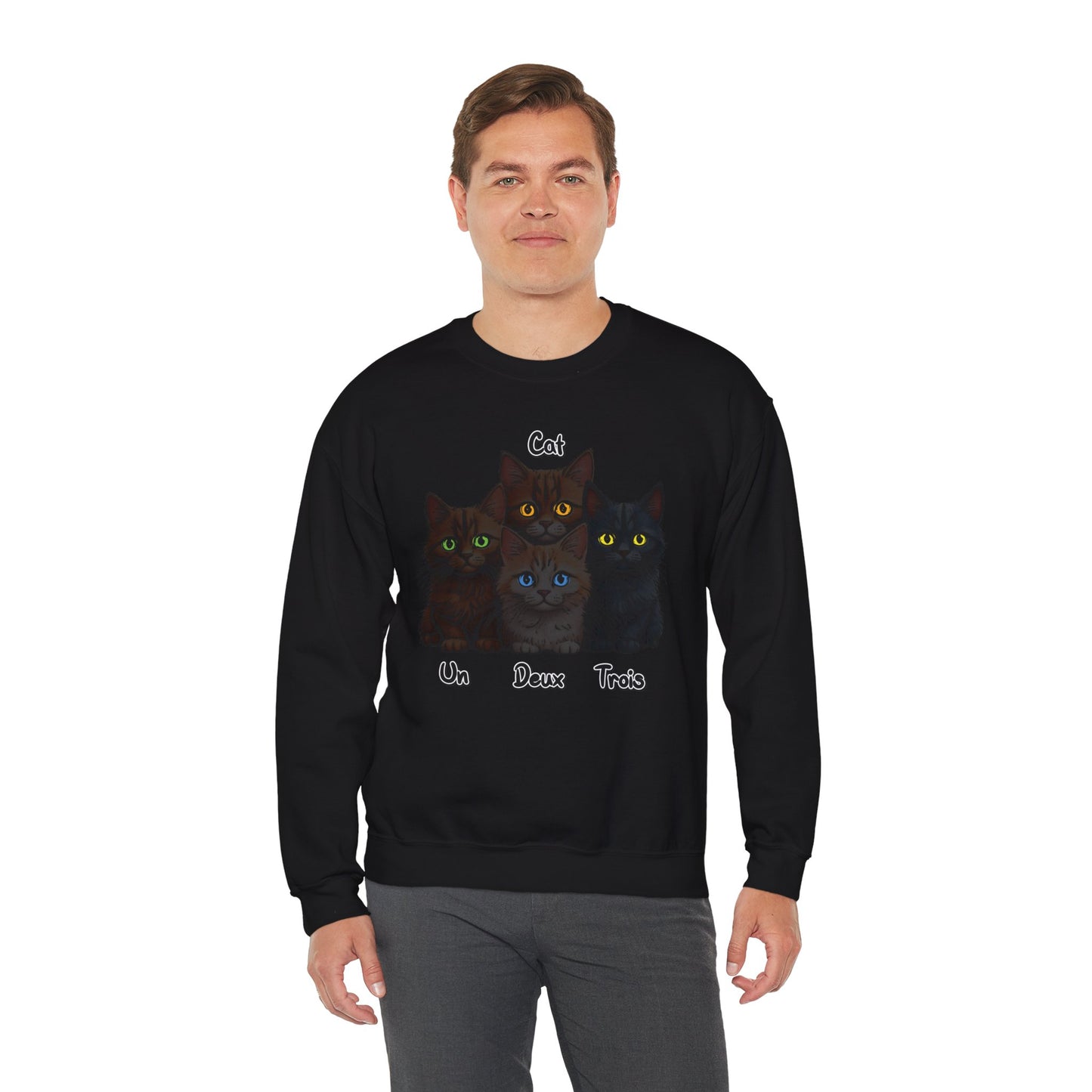 Un, Deux, Trois, Cat (Black Edition): Purrfect Counting Cuteness - Cozy Cat Lover Crewneck Sweatshirt, Casual Cat Sweatshirt, Gifts for Cat Lovers, Unique Cat Apparel, Cat Themed Clothing
