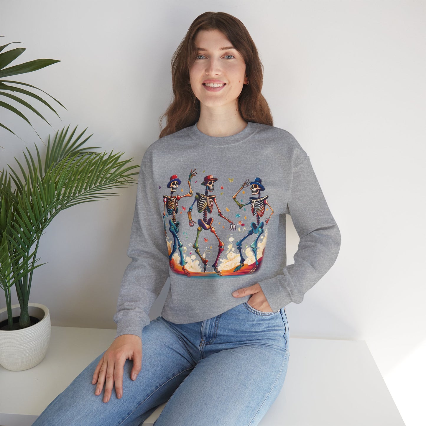 Dancing Skeletons Halloween Party - Spooky Fun Celebration Art - Festive Autumn Spirit Collection - Spooky Skeleton Dance Crewneck Sweatshirt, Halloween Sweatshirt, Unisex Fall Apparel, Casual Skeleton Top, Fun Halloween Gift