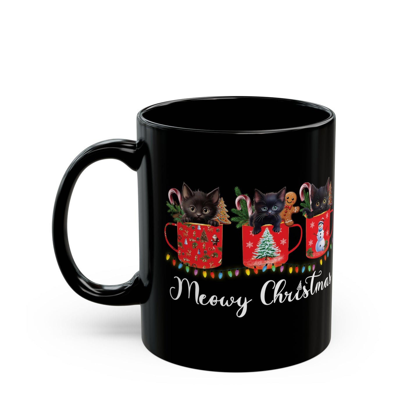 Meowy Christmas Cat Mug - Festive Black Coffee Cup (11oz, 15oz)