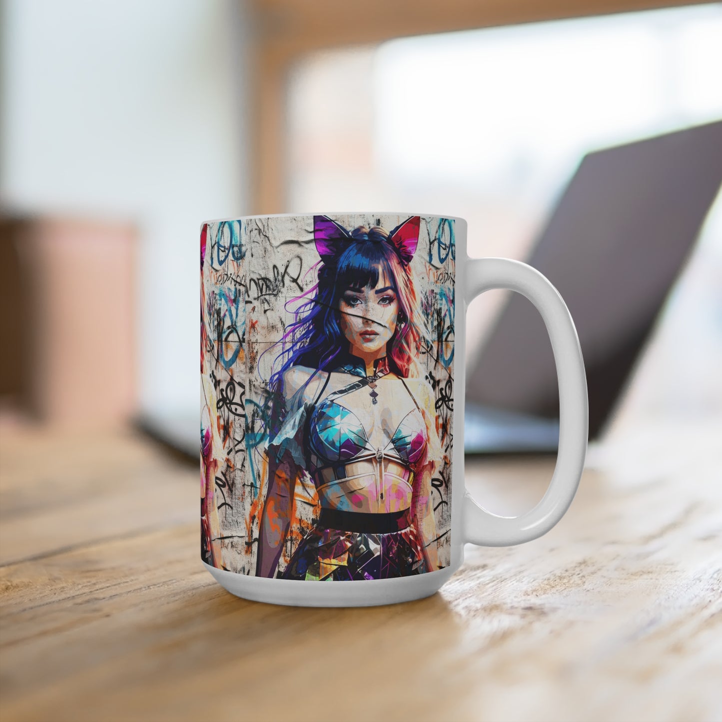 Ceramic Mug - 'Prismatic Feline Enchantress' Anime-Inspired Kaleidoscope Catgirl Cyberpunk Neon Artwork