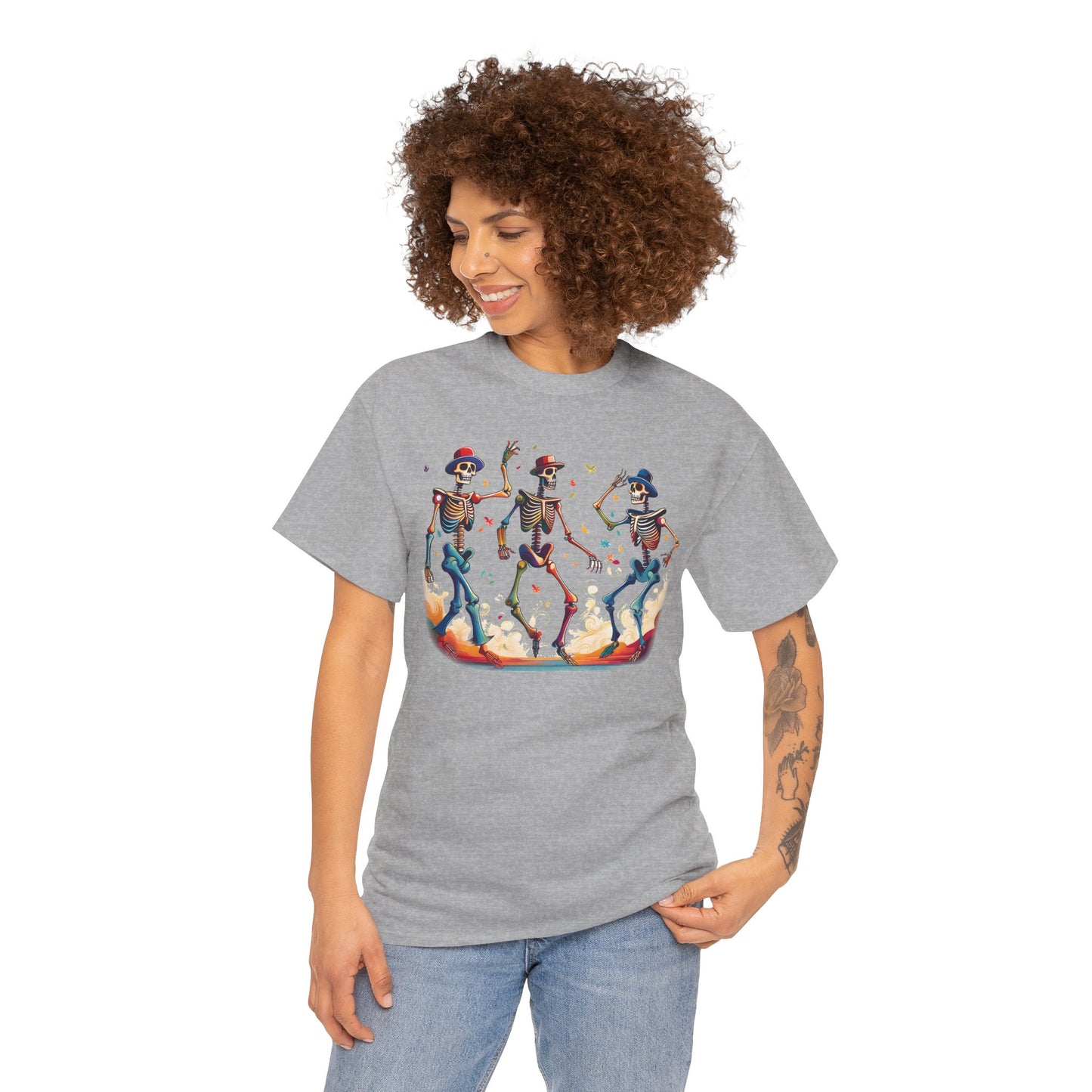 Dancing Skeletons Halloween Party - Spooky Fun Celebration Art - Festive Autumn Spirit Collection - Colorful Skeleton Dance Tee, Casual Halloween T-Shirt, Unique Gift for Parties, Unisex Graphic Shirt, Fun Everyday Wear