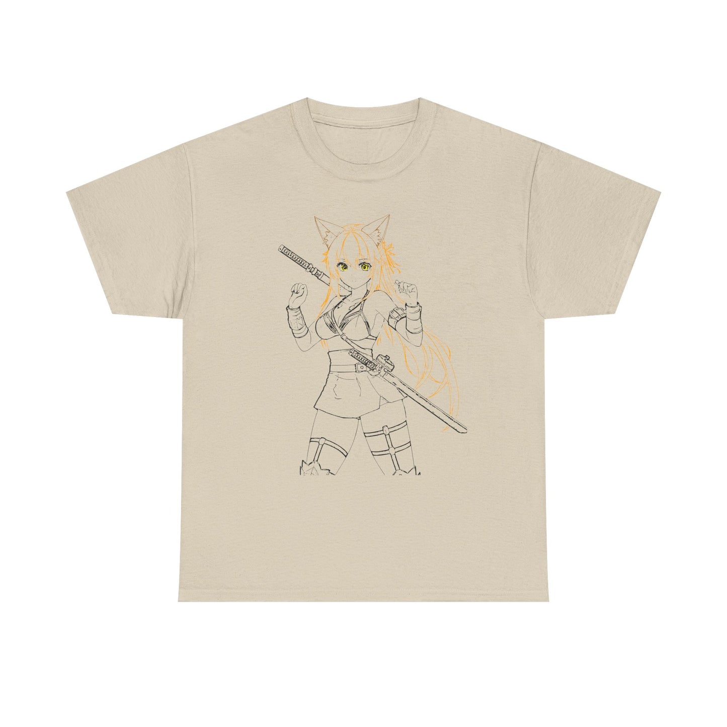 Cat-Eared Blade – Anime Warrior Power on Tees - Anime Samurai Unisex Heavy Cotton Tee, Cute Graphic T-Shirt, Comfortable Casual Wear, Gifts for Anime Lovers, Birthday Surprise