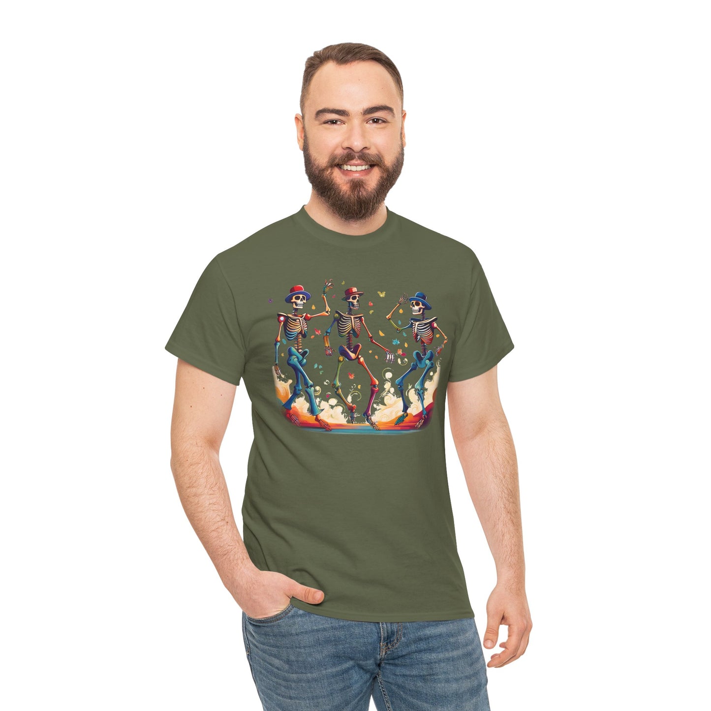 Dancing Skeletons Halloween Party - Spooky Fun Celebration Art - Festive Autumn Spirit Collection - Colorful Skeleton Dance Tee, Casual Halloween T-Shirt, Unique Gift for Parties, Unisex Graphic Shirt, Fun Everyday Wear