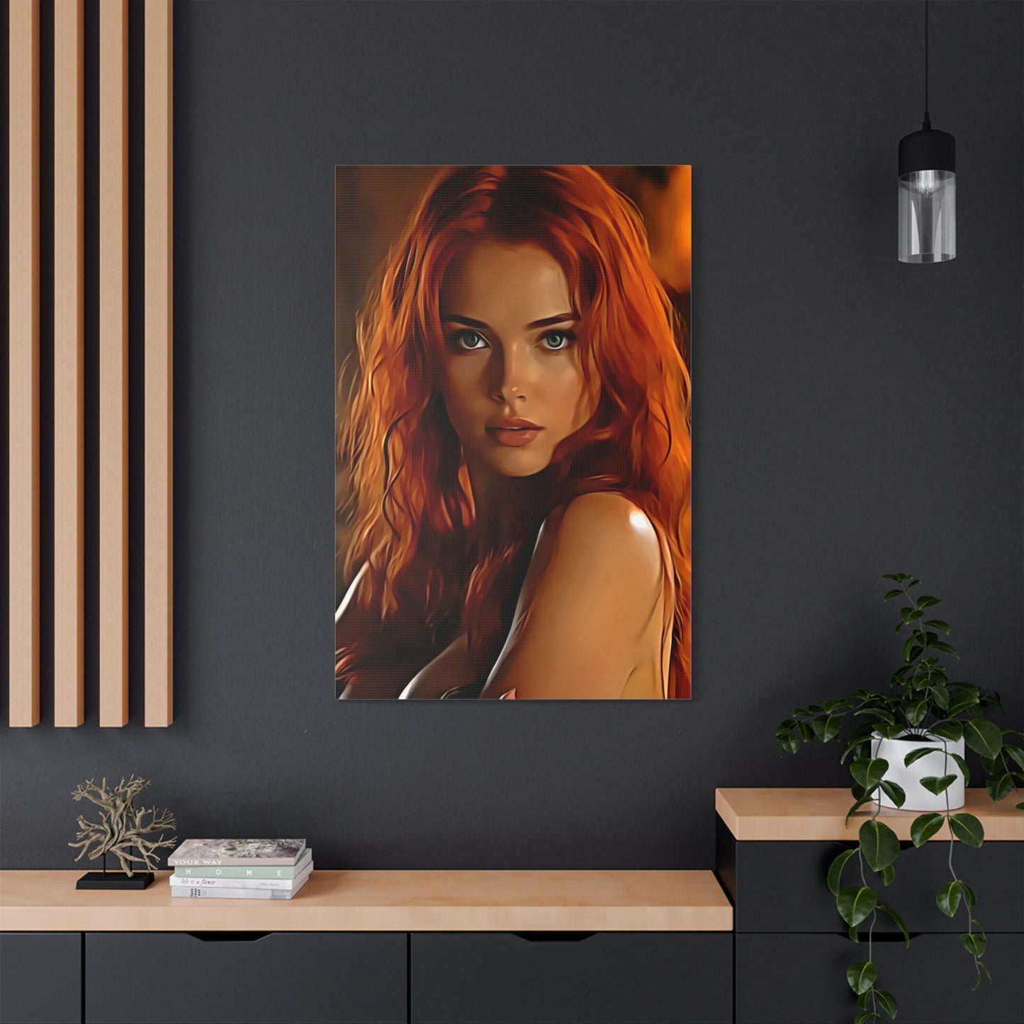 Fiery Muse: Ignite Your Passion with the Radiant Gaze of the Crimson Enchantress - Stretched Canvas Art Print, Vibrant Wall Decor, Art for Living Room, Unique Gift for Art Lovers, Home Decor
