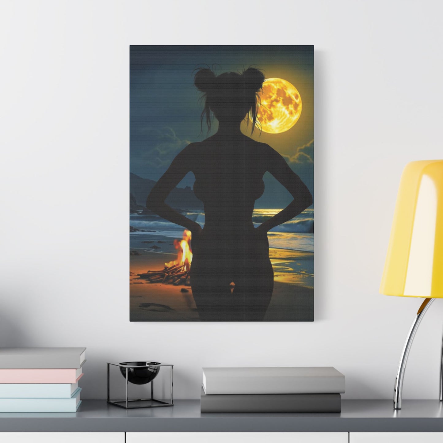 Roxie’s Midnight Swim – Moonlit Beach - Satin Canvas Print, Wall Art for Home Decor, Nighttime Serenity, Coastal Vibes, Gift for Nature Lovers, Personalized Artwork