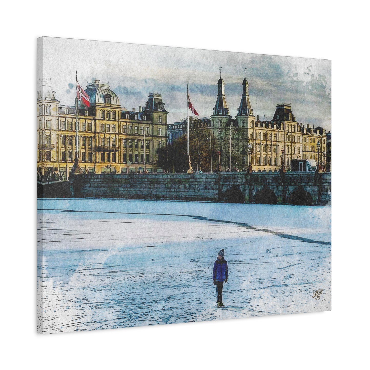 'Winter on 'The Lakes' Copenhagen - Canvas Print Watercolor Art