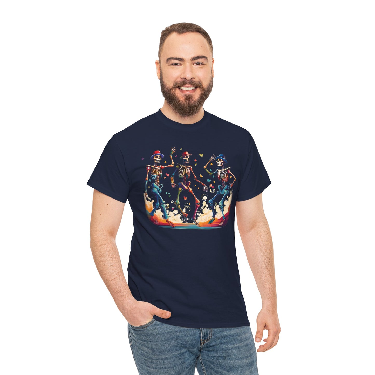 Dancing Skeletons Halloween Party - Spooky Fun Celebration Art - Festive Autumn Spirit Collection - Colorful Skeleton Dance Tee, Casual Halloween T-Shirt, Unique Gift for Parties, Unisex Graphic Shirt, Fun Everyday Wear