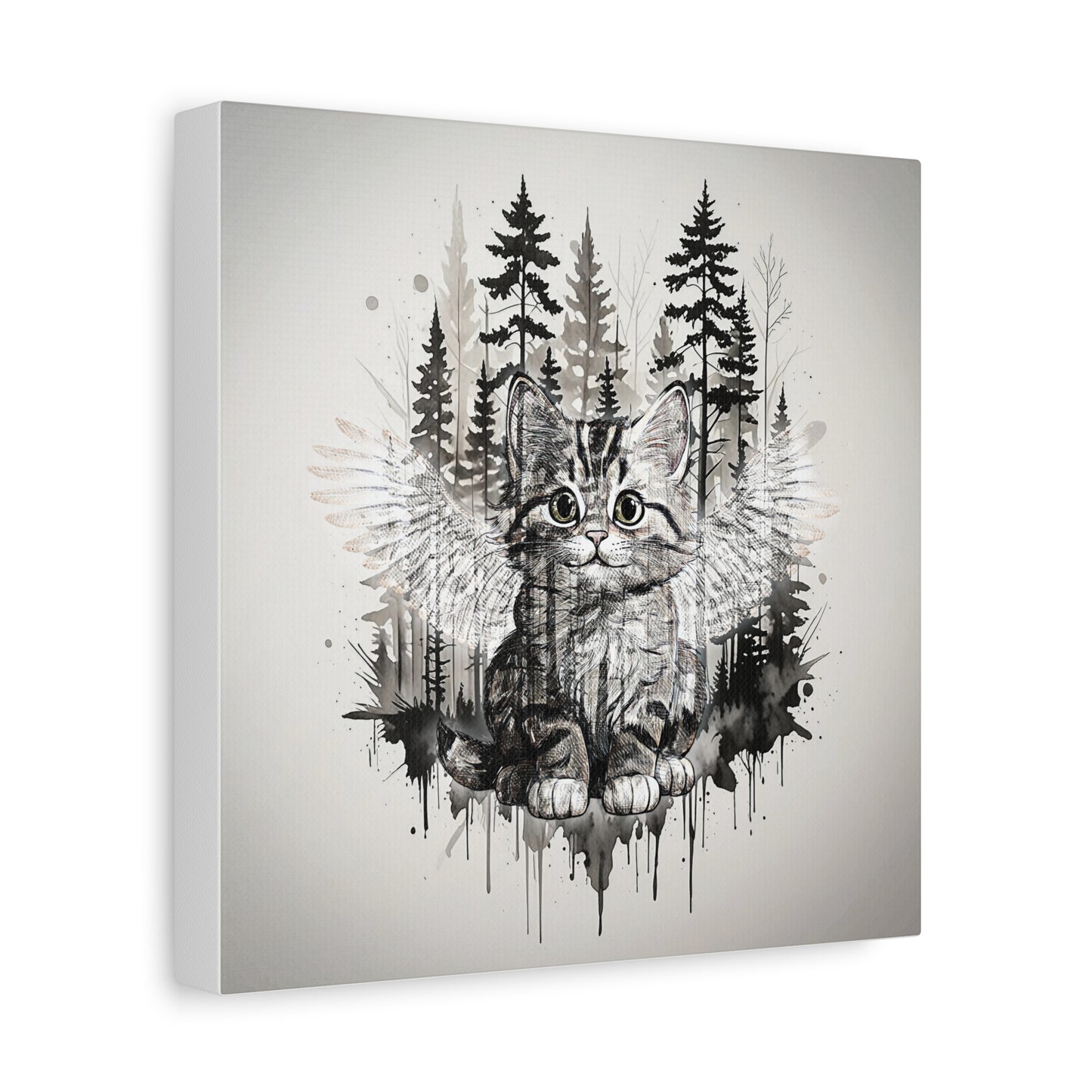 Your personal Guardian Cat Canvas Wall Art - 1.25" Stretched Matte Print with Angel Wings and Forest Theme