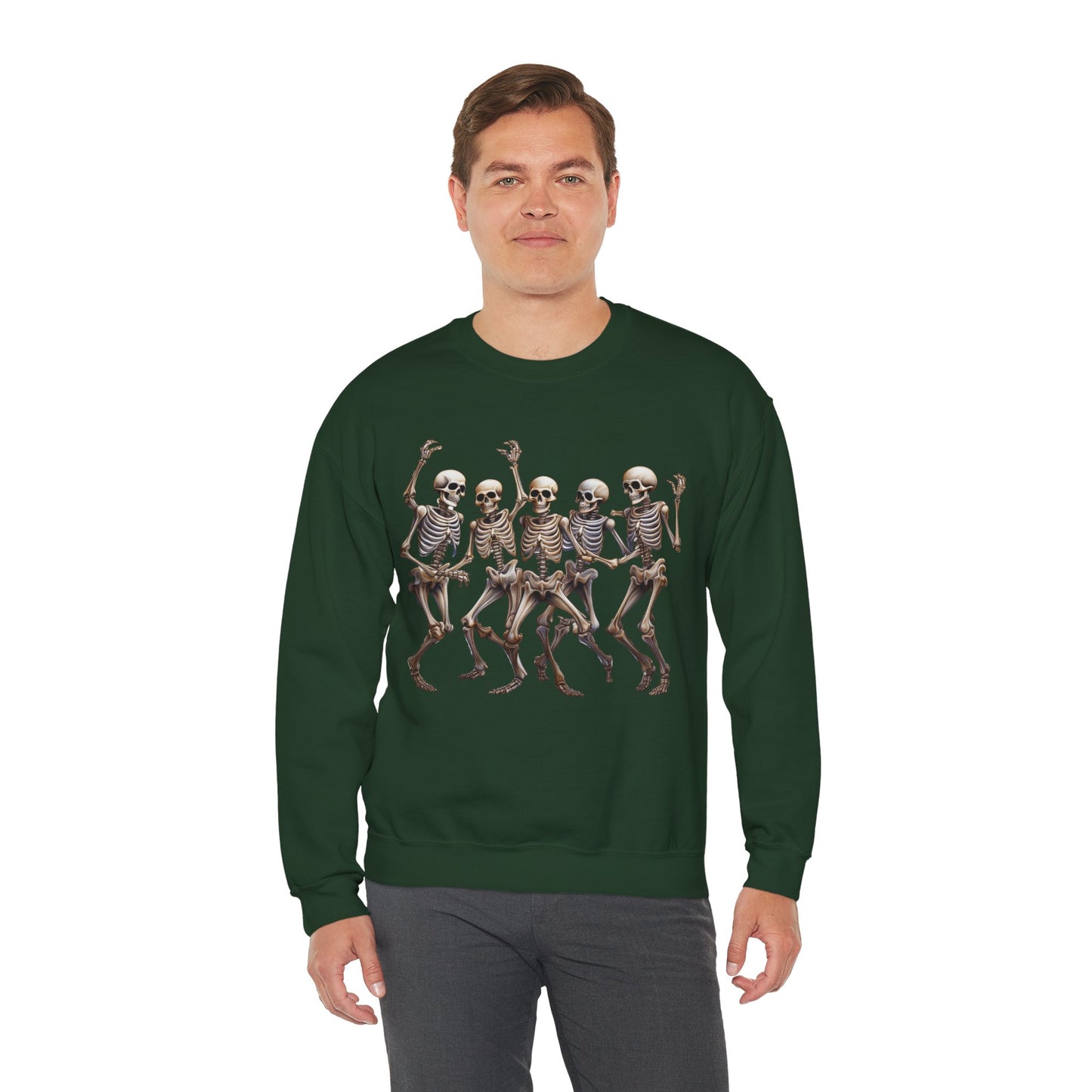 "Celebrate Life with Dancing Skeletons – Bold Apparel & Mugs that Spark Joy" - Halloween Skeleton Dance Crewneck Sweatshirt, Unisex Sweatshirt, Fall Fashion, Spooky Season Apparel, Gift for Halloween Lovers