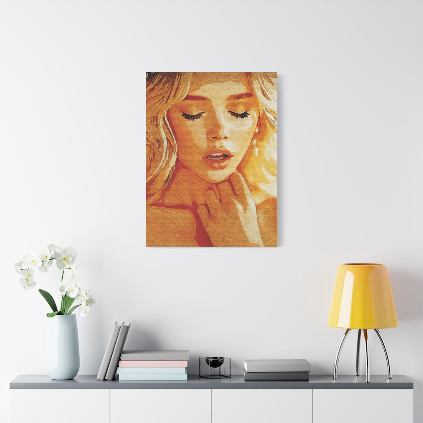 “Golden Reverie: The Serenity of a Soul in Stillness” - Elegant Satin Canvas Art Print, Home Decor Wall Artwork, Beautiful Portrait, Gift for Her, Modern Art Piece, Unique Wall Decoration