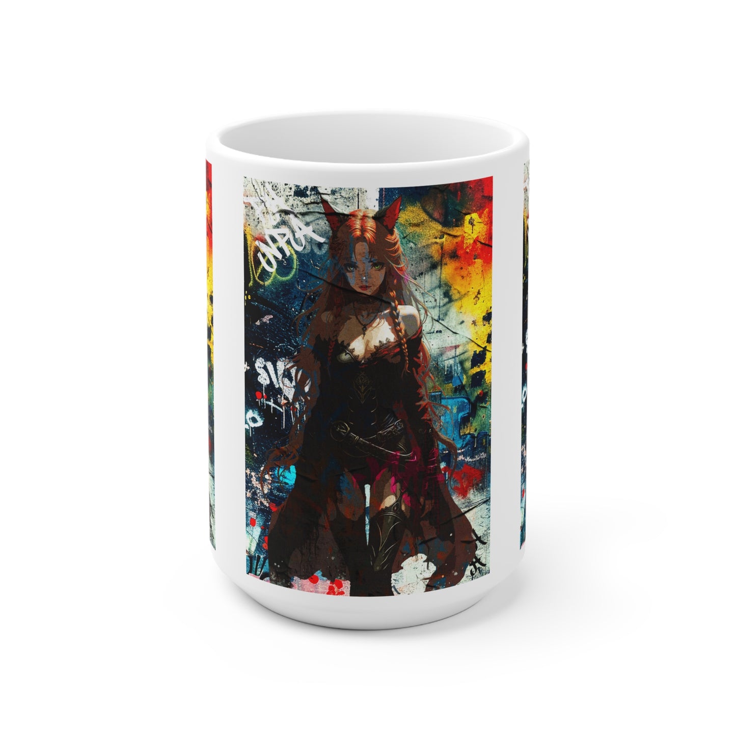 Warrior Anime Catgirl – Urban Fantasy Power on Character Mug, Unique Gift, Artful Coffee Cup, Anime Lover's Mug, Decorative Drinkware