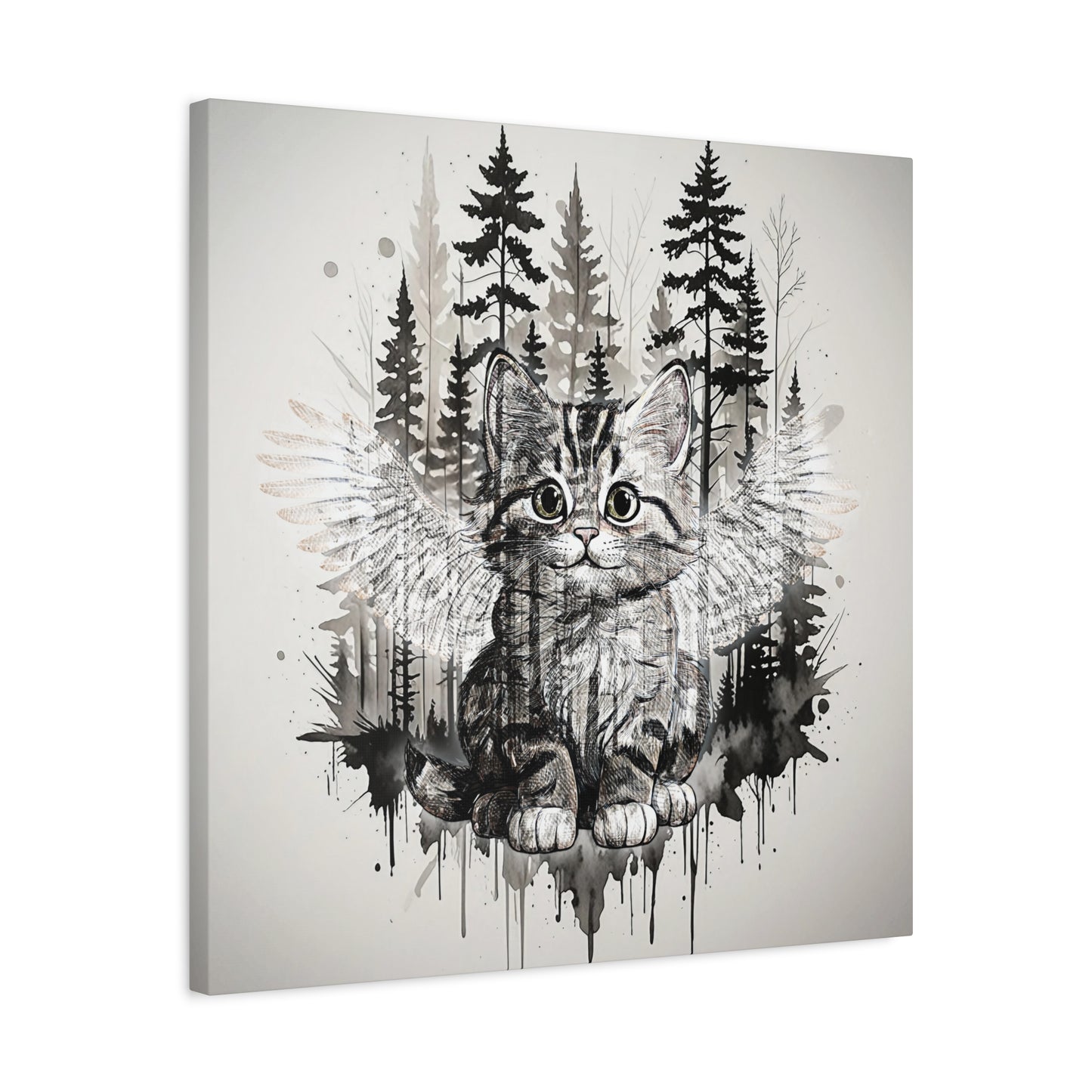 Your personal Guardian Cat Canvas Wall Art - 1.25" Stretched Matte Print with Angel Wings and Forest Theme