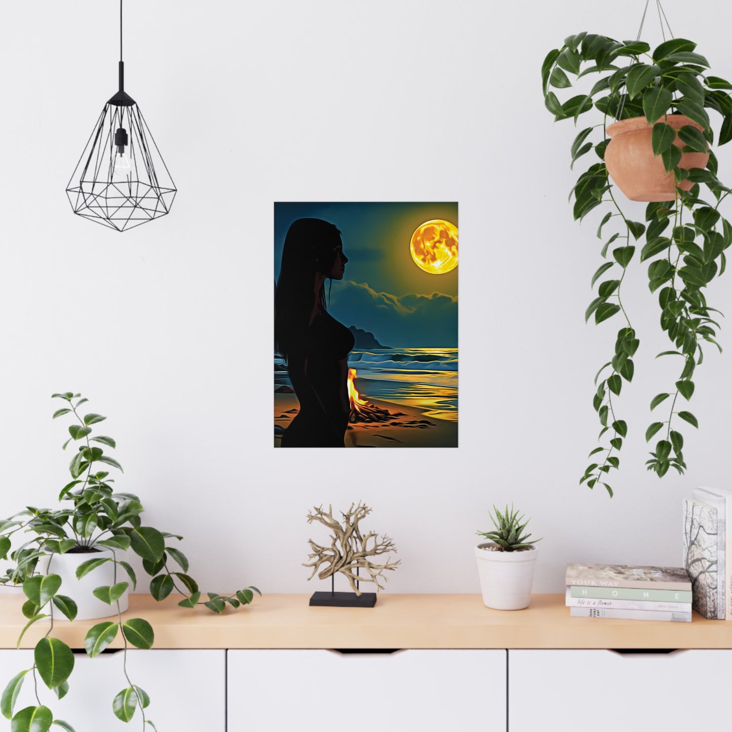 Moonfire Calm โ Where Ocean Light Meets Inner Glow ๐๐ฅ - Ocean Sunset Matte Poster, Beach Wall Art, Boho Decor, Moonlit Artwork, Nature Print, Home Aesthetic Decor
