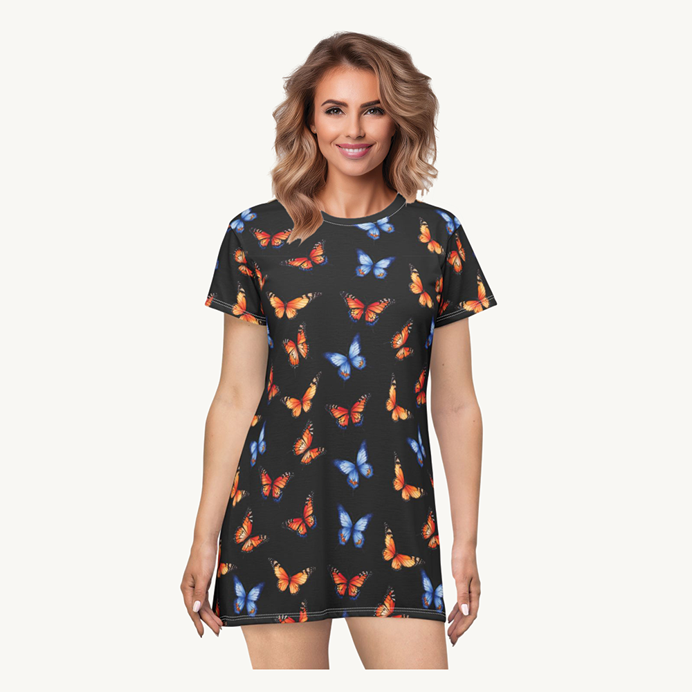Butterfly T-Shirt Dress - Colorful Butterflies Print