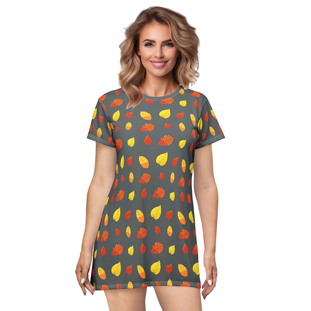 Colorful Leaf T-Shirt Dress - Vibrant Nature Pattern
