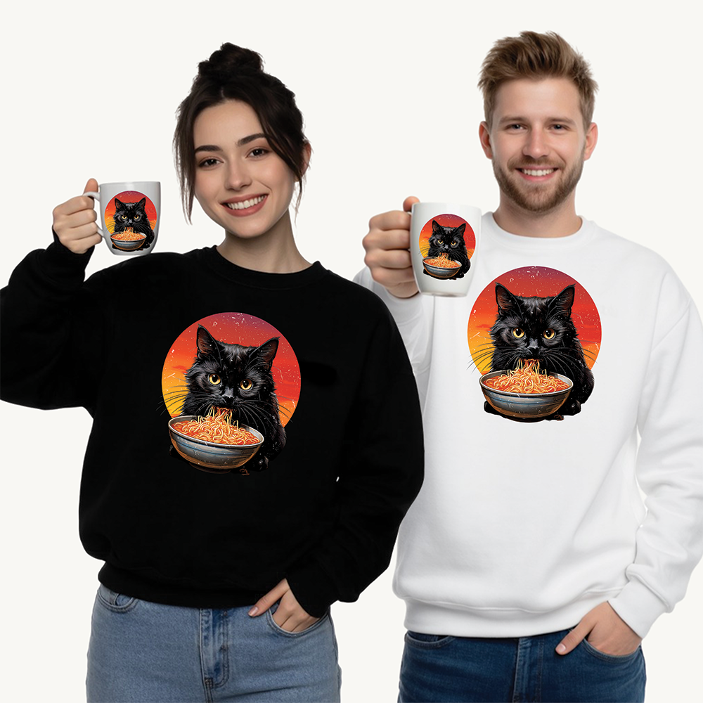 Ramen Cat - Cozy Cat Lover's Crewneck Sweatshirt - Purrfect for Foodies