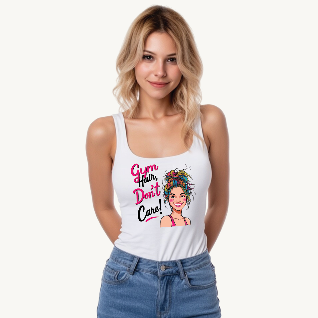 Funny 'Gym Hair, Don't Care' Women's Tank Top - Workout Humor Fitness Shirt