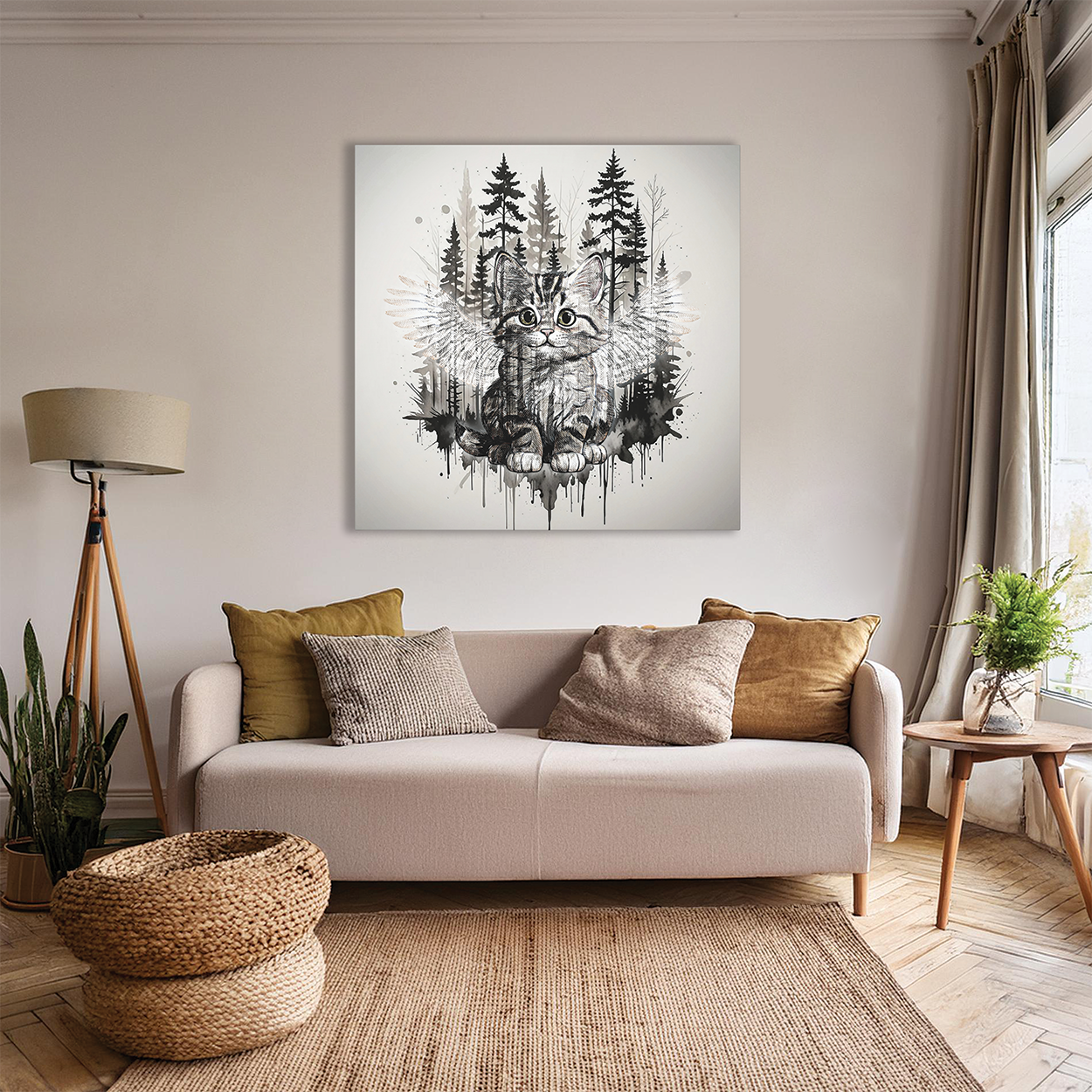 Your personal Guardian Cat Canvas Wall Art - 1.25" Stretched Matte Print with Angel Wings and Forest Theme