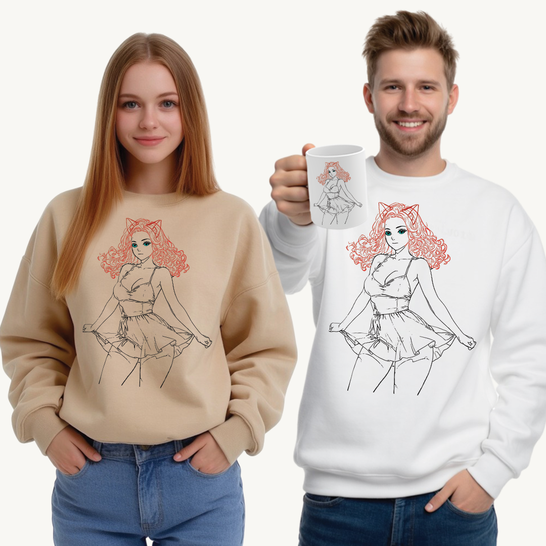 Chic Catgirl Crewneck Sweatshirt for Cozy Style, Women’s Fashion, Casual Wear, Gift for Cat Lovers, Cute Cartoon Apparel