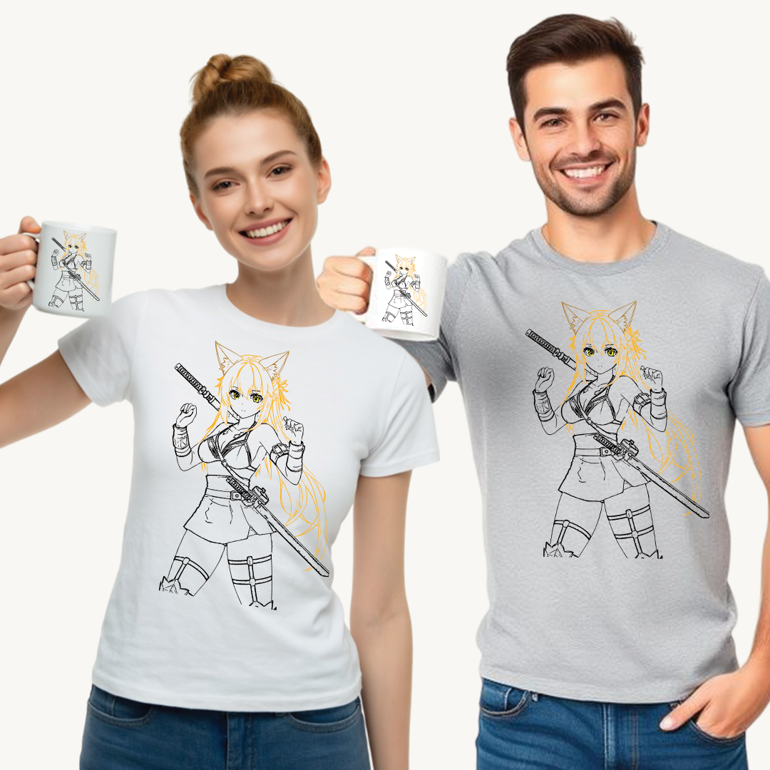 Cat-Eared Blade – Anime Warrior Power on Tees - Anime Samurai Unisex Heavy Cotton Tee, Cute Graphic T-Shirt, Comfortable Casual Wear, Gifts for Anime Lovers, Birthday Surprise