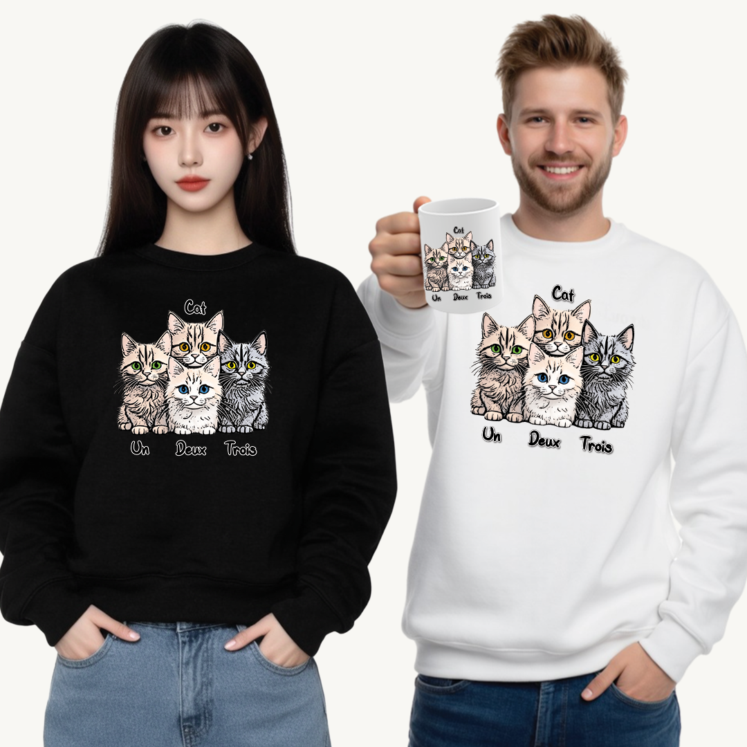 Un, Deux, Trois, Cat: Purrfect Counting Cuteness - Cat Lover Crewneck Sweatshirt, Cozy Pet Sweatshirt, Gift for Cat Owners, Cute Animal Apparel, Cat-Themed Fashion