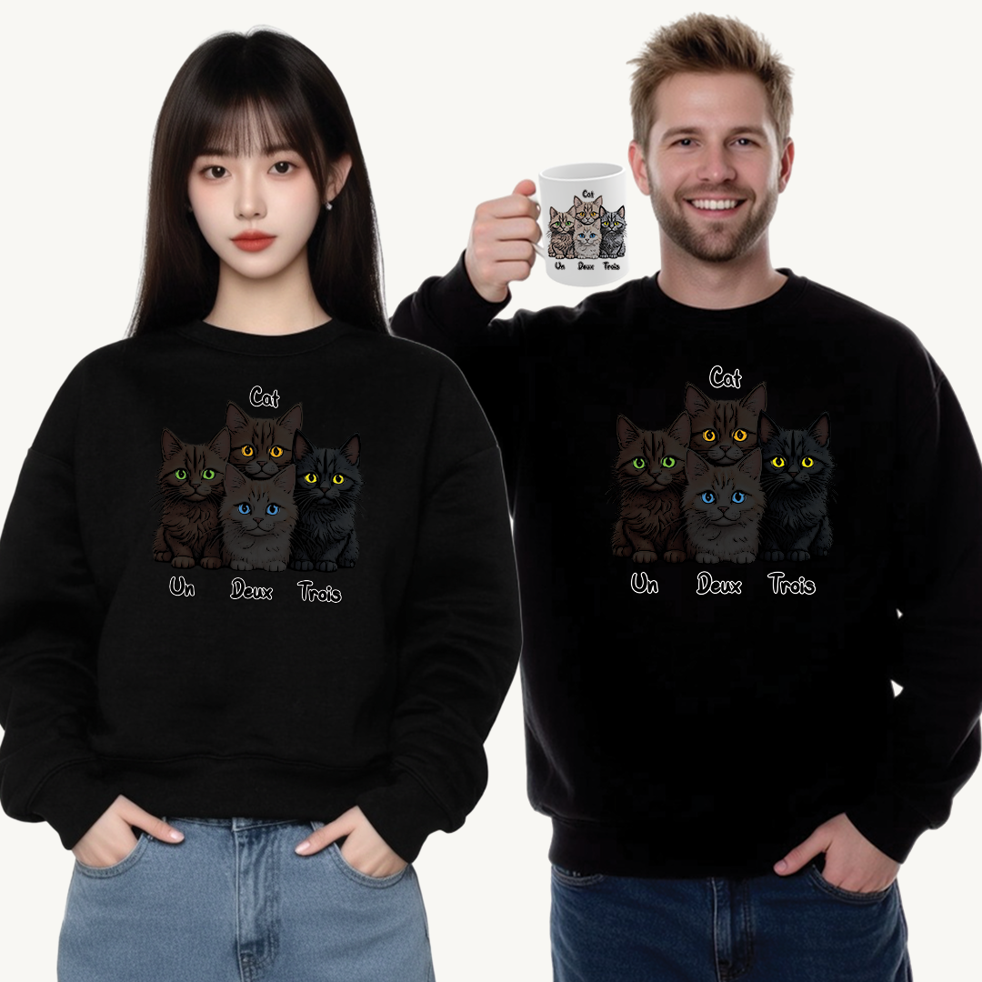 Un, Deux, Trois, Cat (Black Edition): Purrfect Counting Cuteness - Cozy Cat Lover Crewneck Sweatshirt, Casual Cat Sweatshirt, Gifts for Cat Lovers, Unique Cat Apparel, Cat Themed Clothing