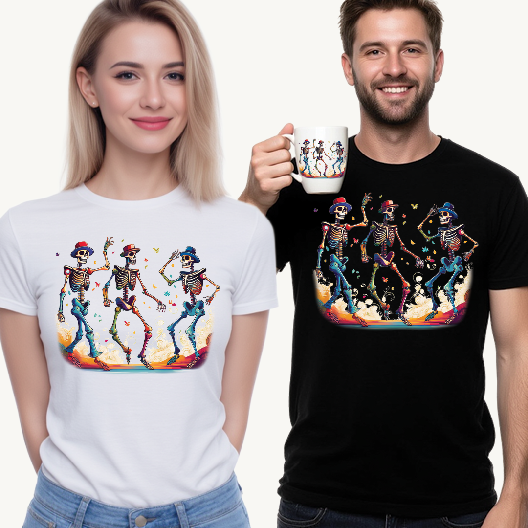 Dancing Skeletons Halloween Party - Spooky Fun Celebration Art - Festive Autumn Spirit Collection - Colorful Skeleton Dance Tee, Casual Halloween T-Shirt, Unique Gift for Parties, Unisex Graphic Shirt, Fun Everyday Wear