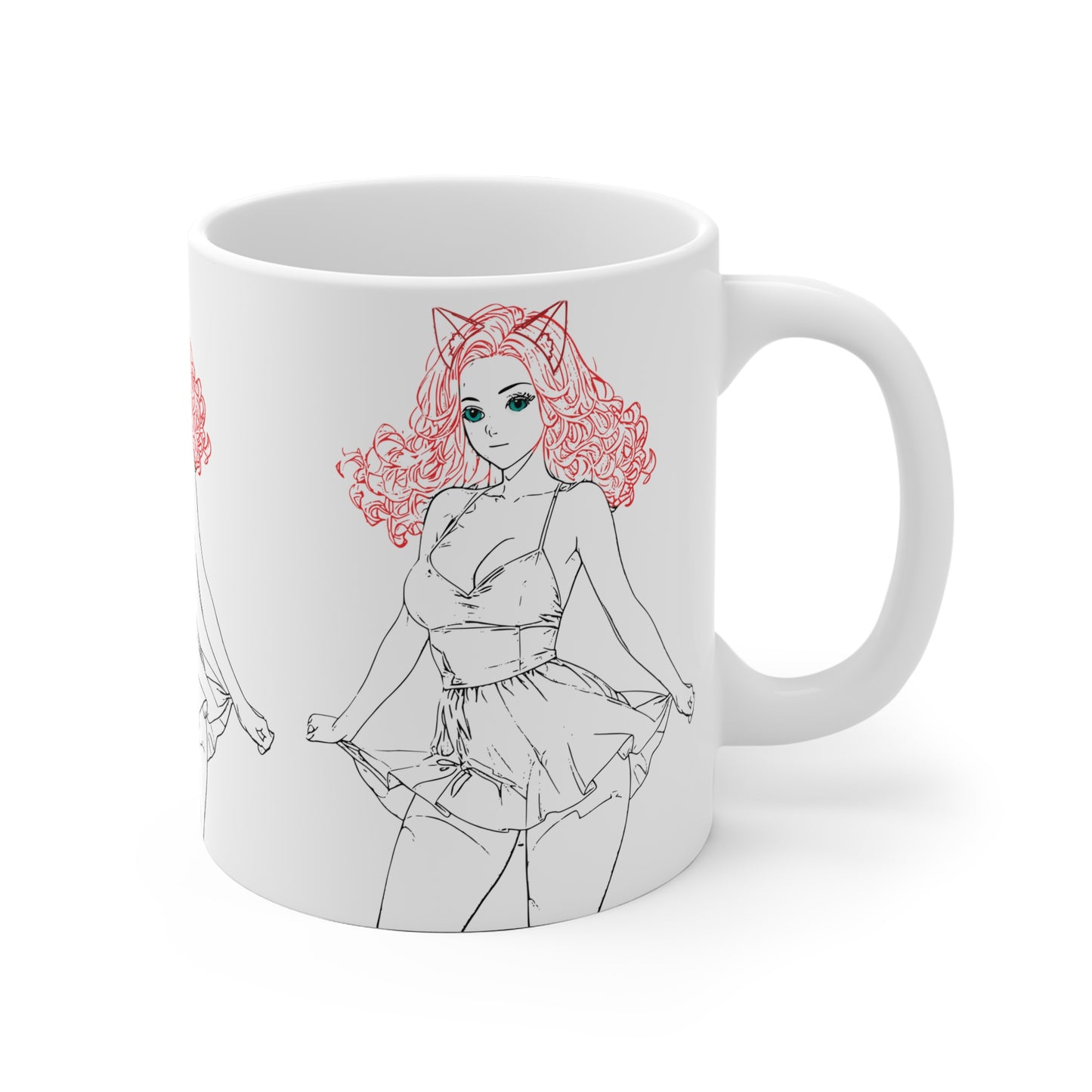 Cute Cat Ear Illustration Ceramic Mug, Gift, Kawaii Style Coffee Cup, Girly Home Decor, Fun Birthday Present