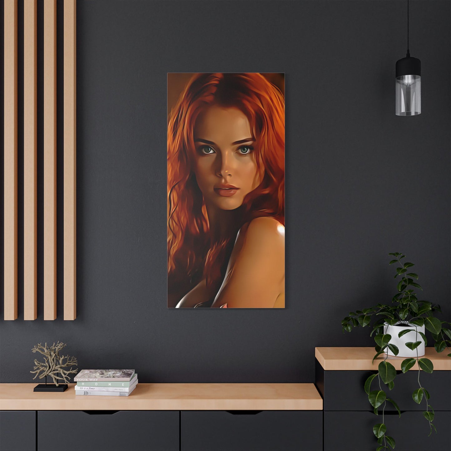 Fiery Muse: Ignite Your Passion with the Radiant Gaze of the Crimson Enchantress - Stretched Canvas Art Print, Vibrant Wall Decor, Art for Living Room, Unique Gift for Art Lovers, Home Decor