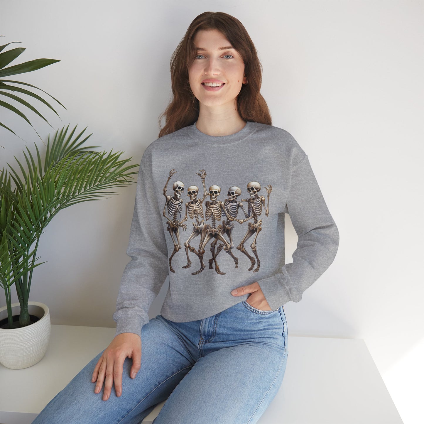 "Celebrate Life with Dancing Skeletons – Bold Apparel & Mugs that Spark Joy" - Halloween Skeleton Dance Crewneck Sweatshirt, Unisex Sweatshirt, Fall Fashion, Spooky Season Apparel, Gift for Halloween Lovers