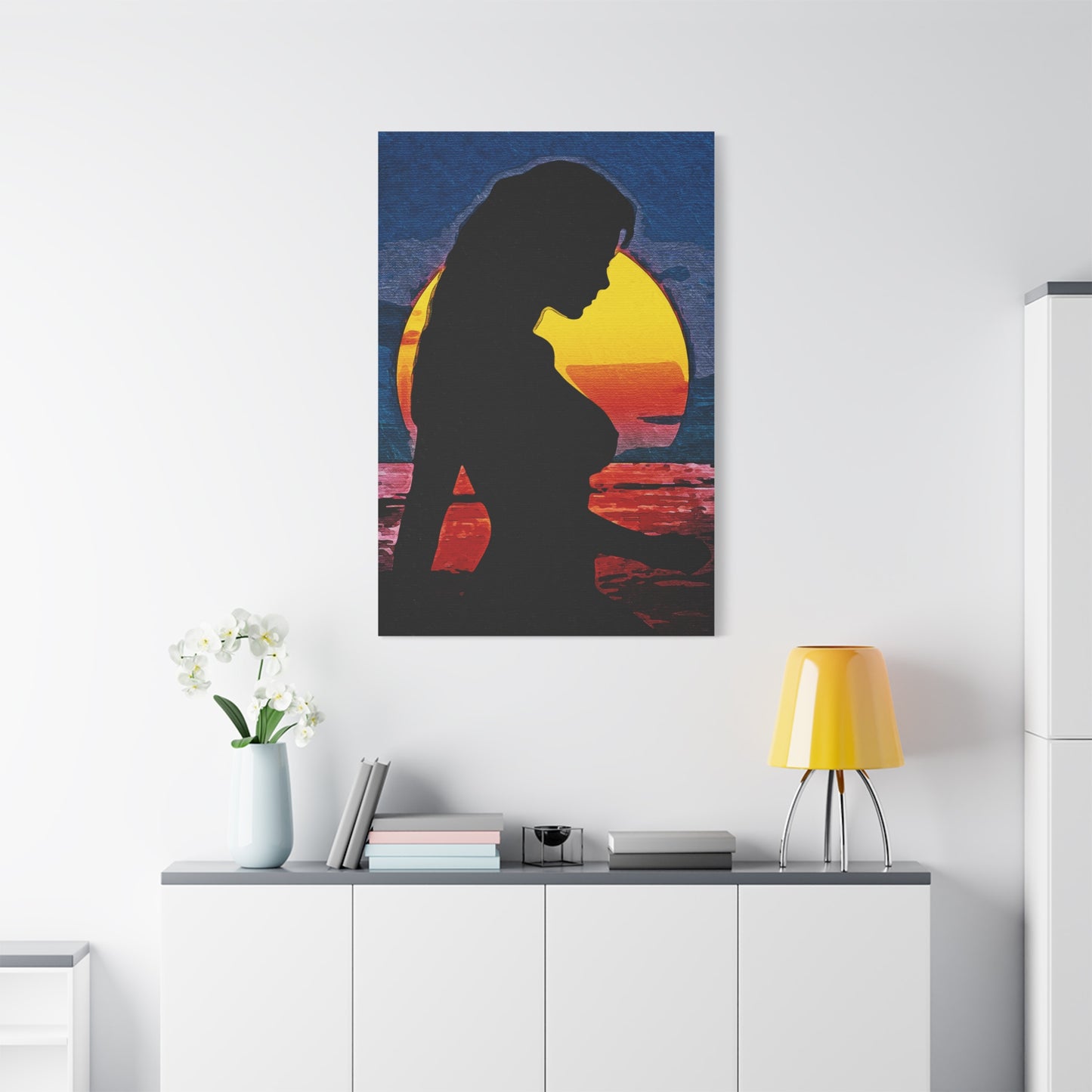 Radiant Horizons: Empowering Silhouette by Sunset – Embrace Inner Strength and Inspiring Beauty - Sunset Silhouette Canvas Wall Art, Inspirational Home Décor, Modern Art Print, Gift for Her, Boho Vibes, Perfect for Beach Lovers