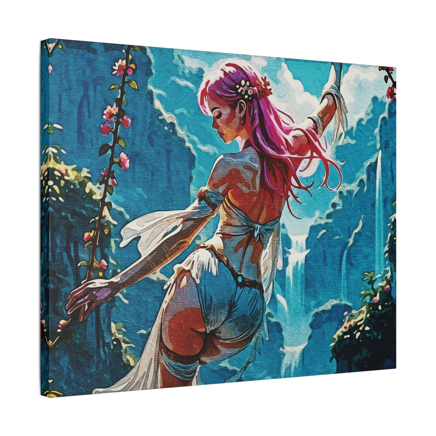 Blossom Beyond β Where Fantasy Blooms and Courage Flows πΈπ - Satin Canvas Wall Art, Enchanting Fantasy Art Print, Colorful Home Decor, Bohemian Wall Hanging, Ethereal Gift Idea