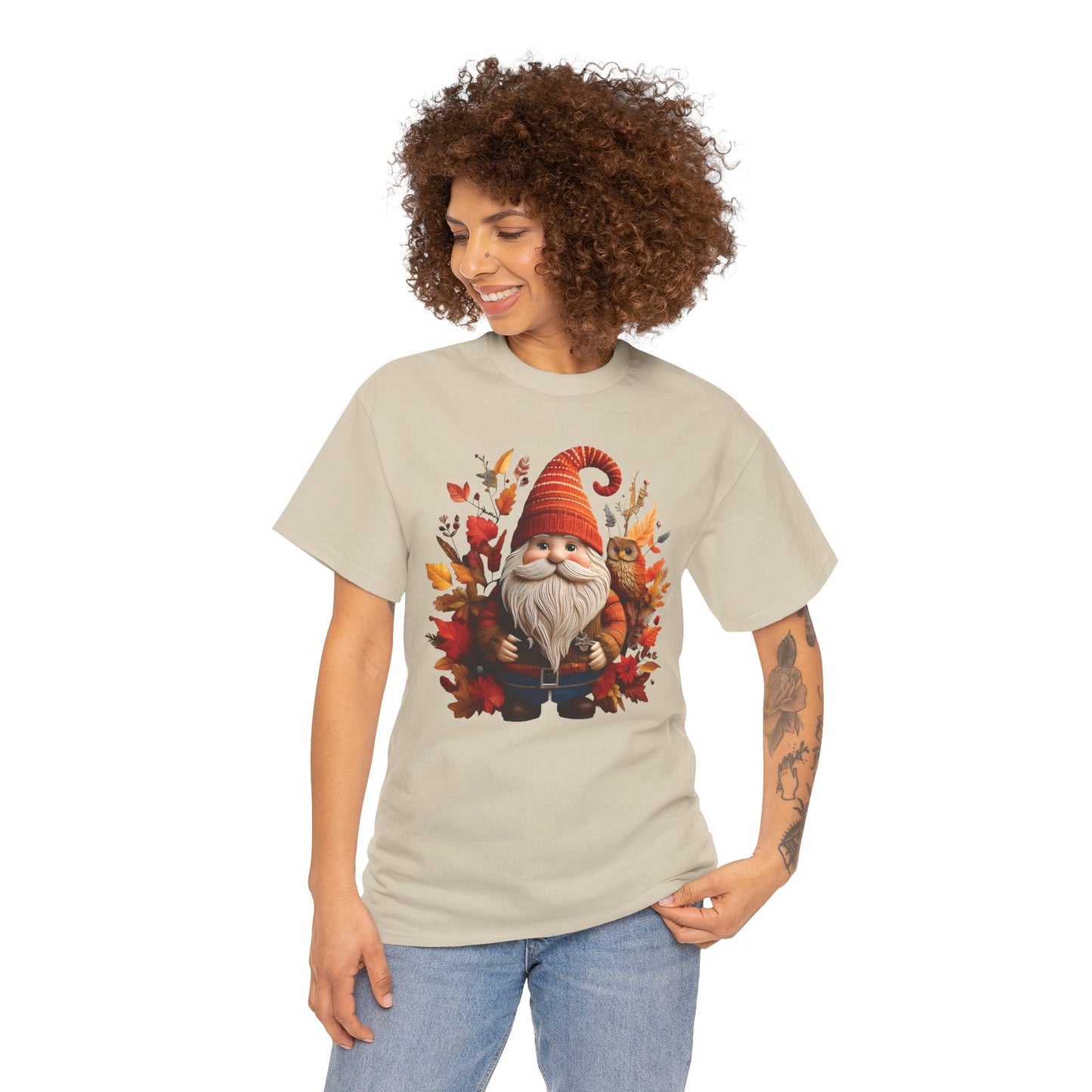 Gnome & Owl Autumn Harmony โ Cozy Magic for the Season ๐๐งก - Tee, Fall T-Shirt, Cozy Halloween Shirt, Pumpkin Spice Gift, Unisex Cotton Top