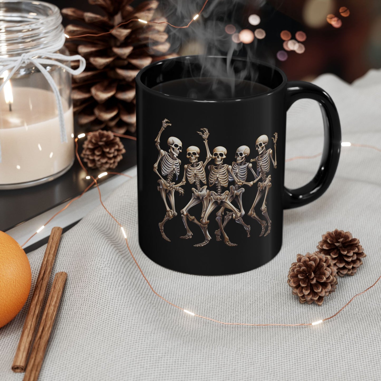 "Celebrate Life with Dancing Skeletons – Bold Apparel & Mugs that Spark Joy" - Skeleton Dance Black Mug - Halloween Coffee Cup, Spooky Gift, Funny Skeleton Mug, Partyware, Unique Halloween Decor