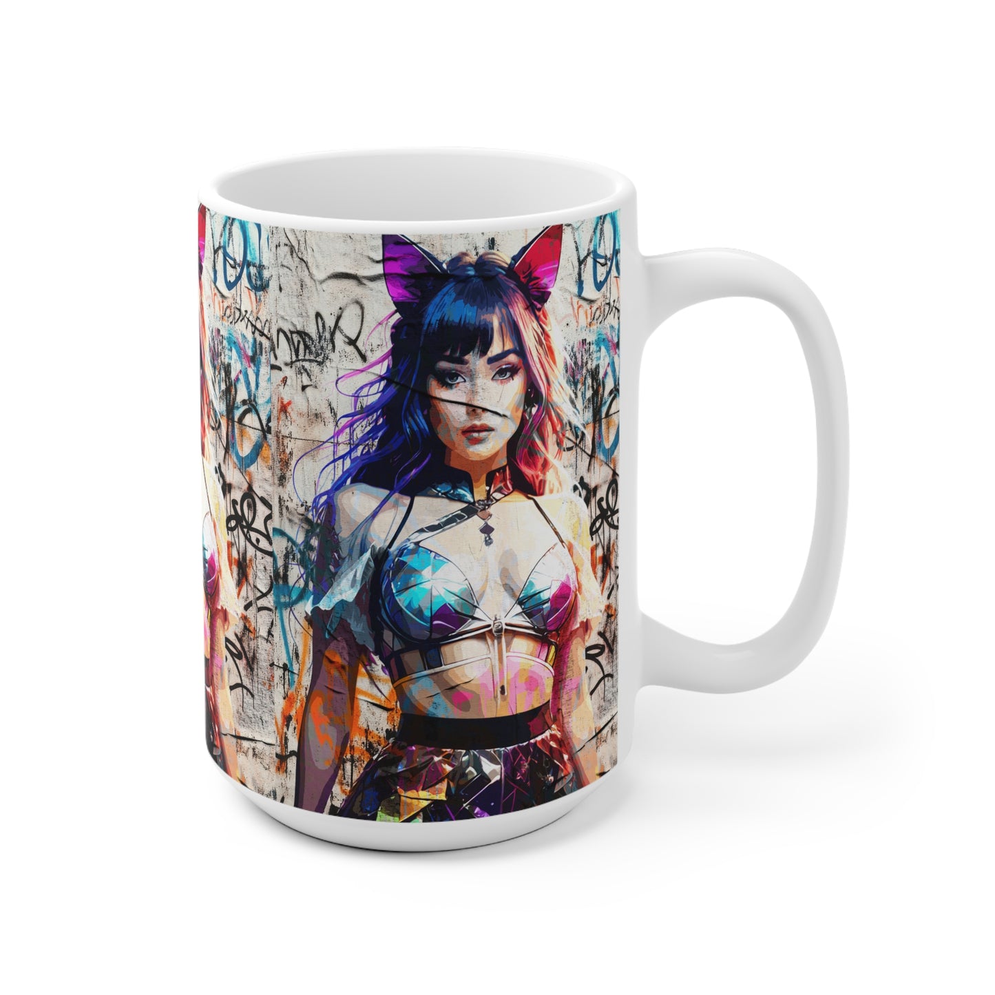 Ceramic Mug - 'Prismatic Feline Enchantress' Anime-Inspired Kaleidoscope Catgirl Cyberpunk Neon Artwork