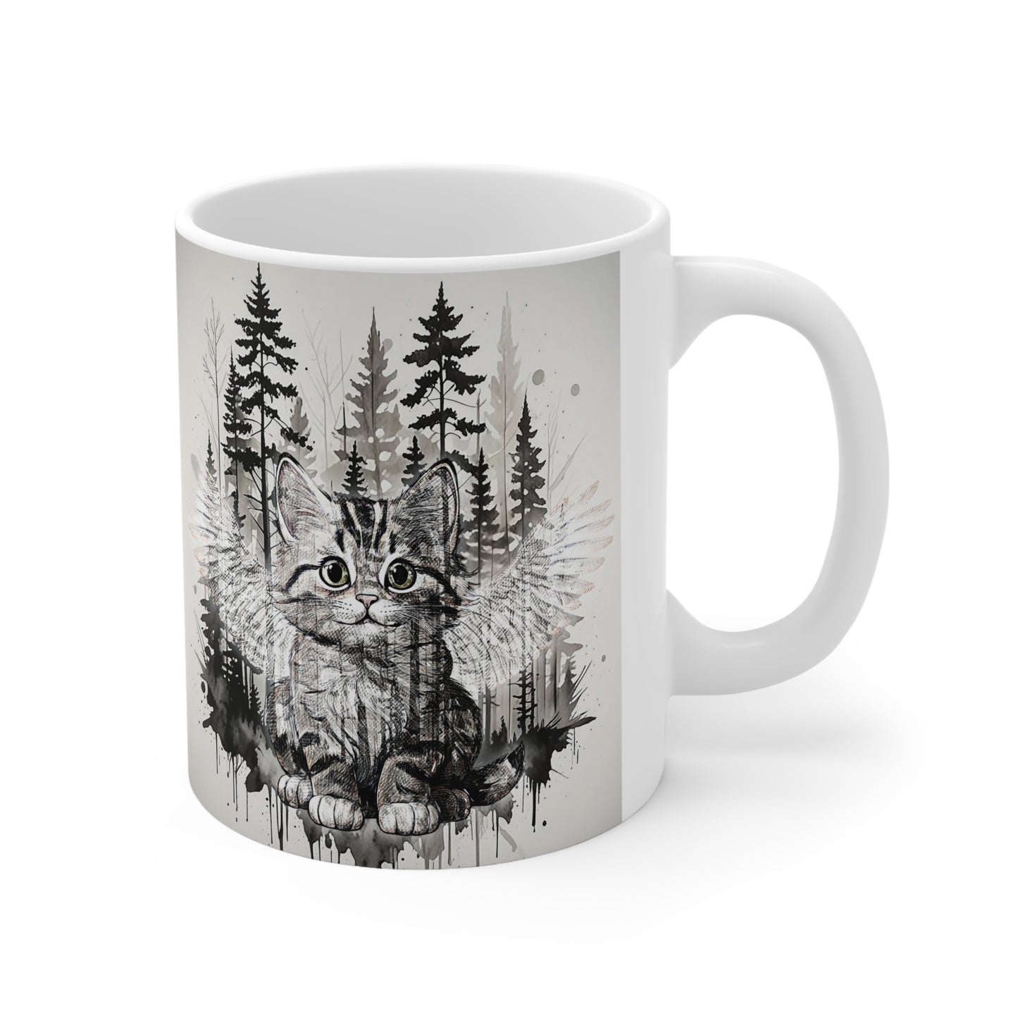 Artistic Fantasy Cat and Forest Ceramic Coffee Cups - 11oz & 15oz